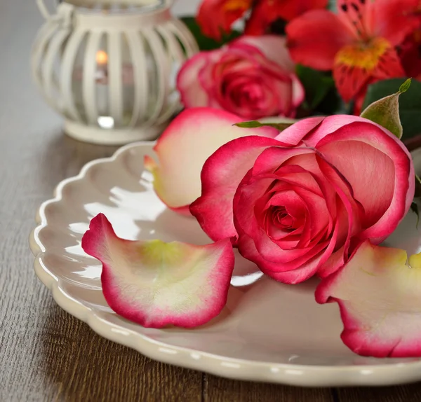 Τριαντάφυλλο σε ένα πιάτο — Φωτογραφία Αρχείου