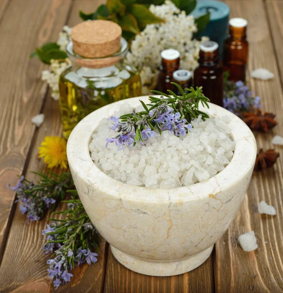 Sea salt in a marble bowl — Stock Photo, Image