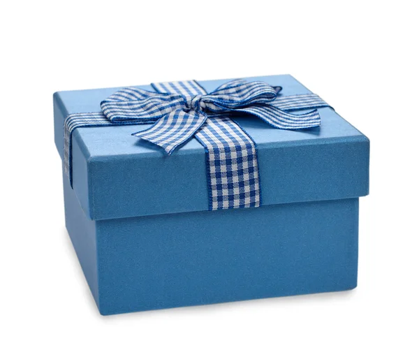 Blauwe doos versierd met lint — Stockfoto