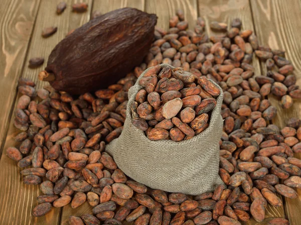 Frijoles de cacao en una bolsa —  Fotos de Stock