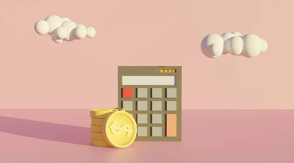 Conceito Financeiro Com Calculadora Moeda Ouro Dinheiro Renderização Ilustração — Fotografia de Stock