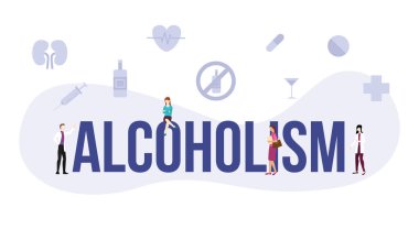 alcoholism addiction concept with big word or text and people with modern flat style vector illustration