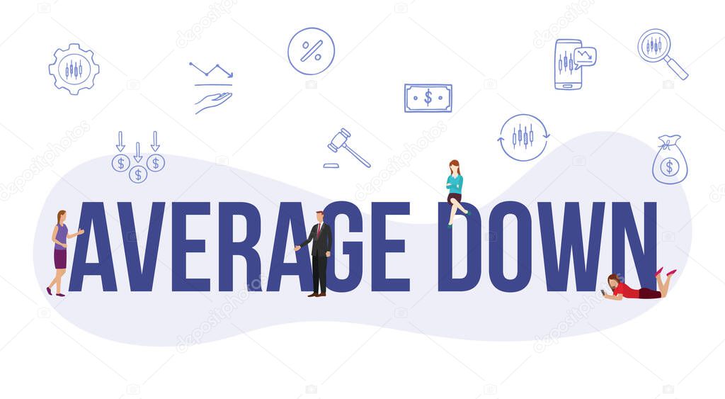 average down stock market concept with big word or text and people with modern flat style vector illustration