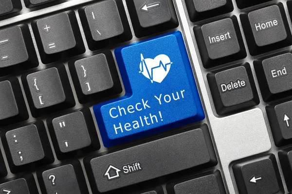 概念性键盘-检查你的健康 (蓝色键与心 sym — 图库照片