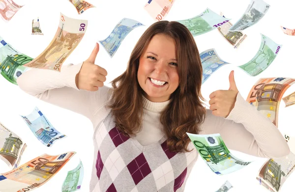 Successful girl on falling euros background — Stock Photo, Image