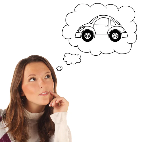 Girl dreaming about owning a car (isolated) — Stock Photo, Image