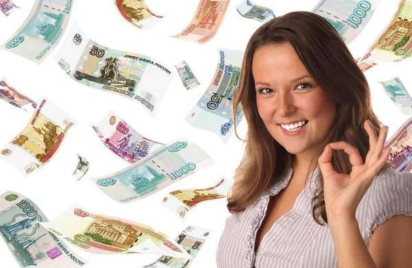 Portrait of smiling girl on roubles background — Stock Photo, Image