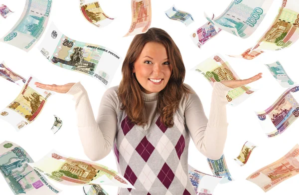 Confused girl on falling roubles background — Stock Photo, Image
