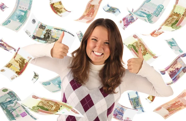 Successful girl on falling roubles background — Stock Photo, Image