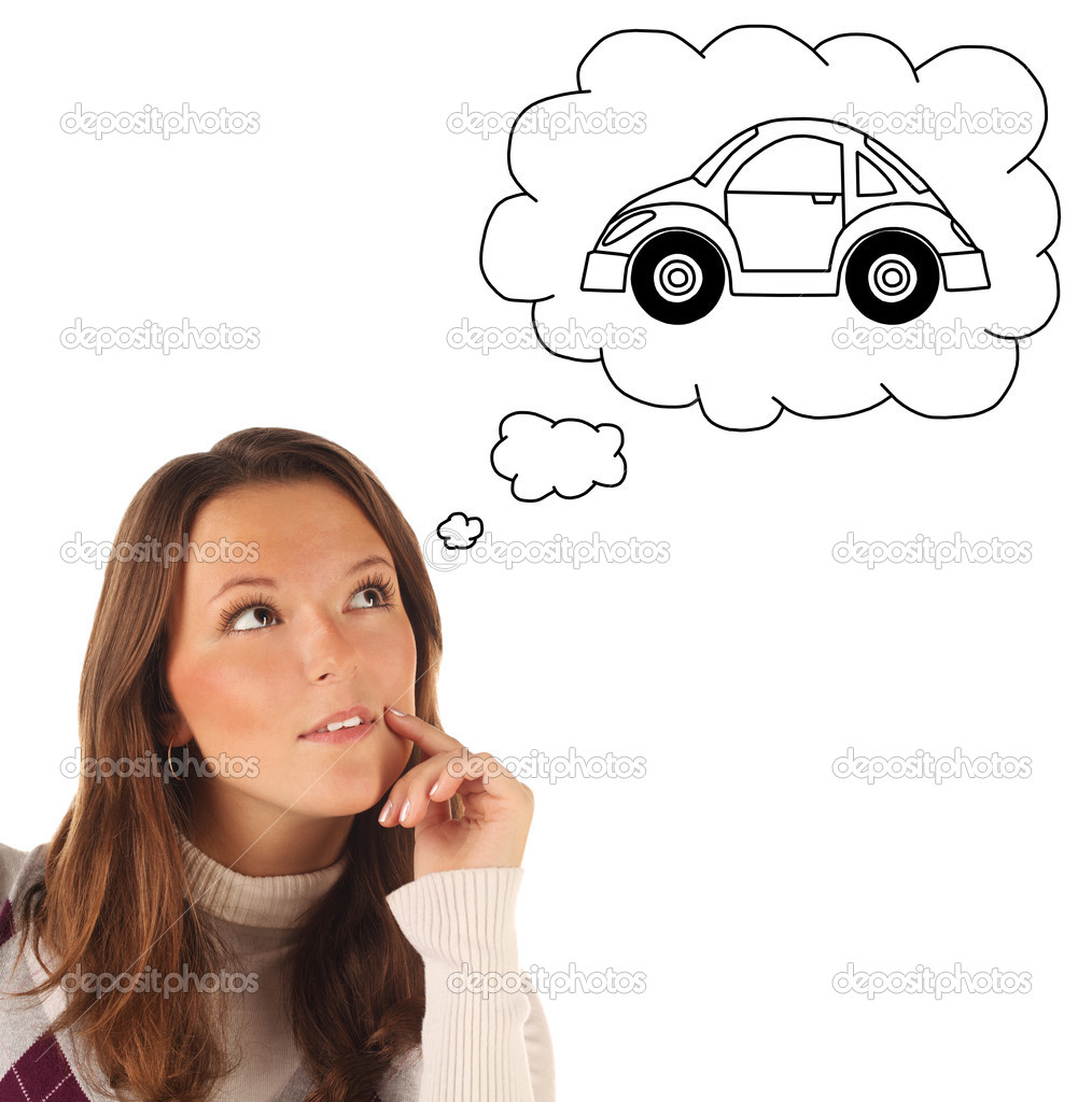 Girl dreaming about owning a car (isolated)