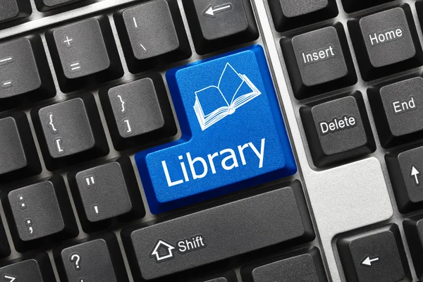 Konzeptionelle Tastatur - Bibliothek (blaue Taste) — Stockfoto