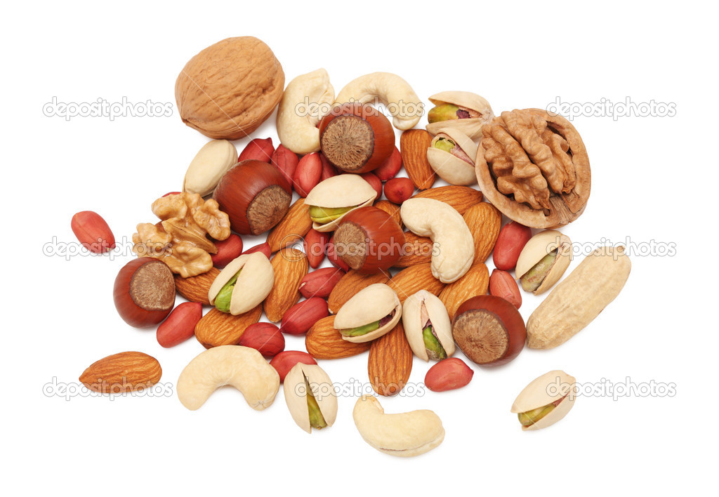 Pile from different kinds of nuts (isolated)