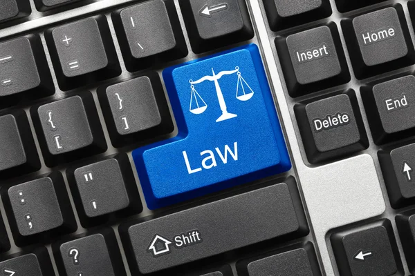 Conceptual keyboard - Law (blue key with scales symbol) — Stock Photo, Image