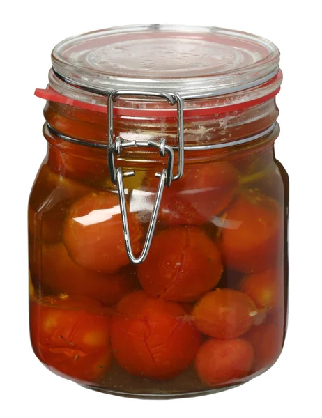 Tomate conservée dans des pots en verre isolés sur le fond blanc — Photo