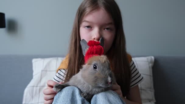 Una niña sostiene un conejo en un sombrero en sus brazos, lo acaricia, juega con él — Vídeos de Stock