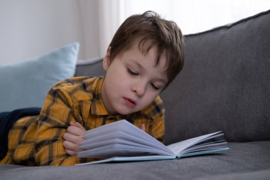 Küçük çocuk kanepede uzanıp kitap okuyor.