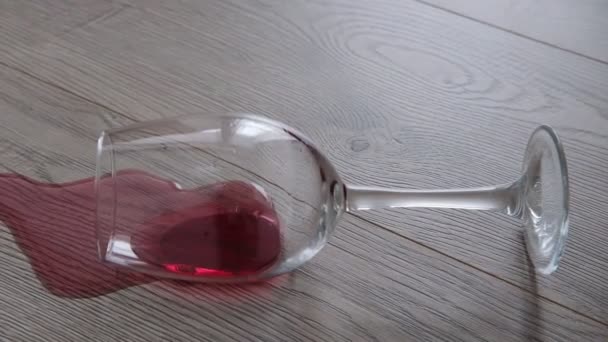 A glass of wine is lying on the floor. Wine spilled — Stock Video