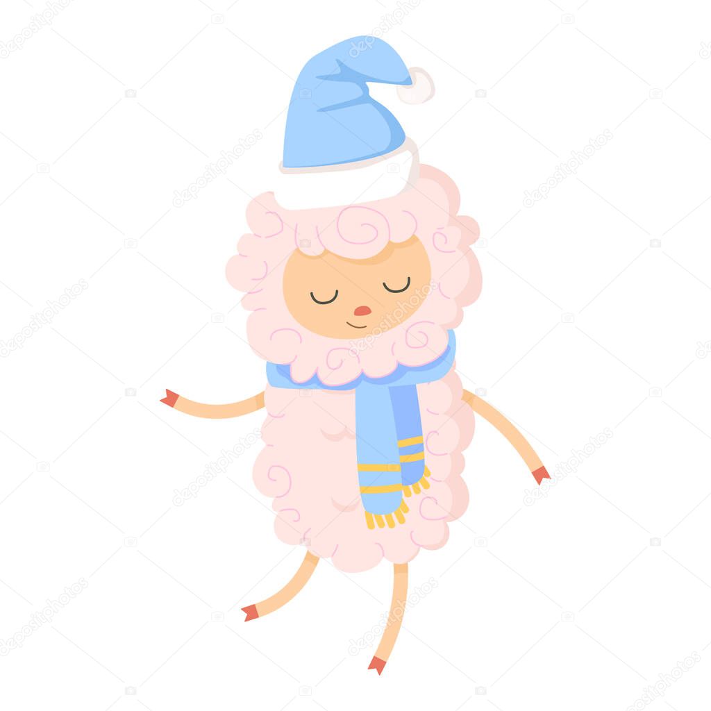Cute sheep dancing in Christmas hat and scarf