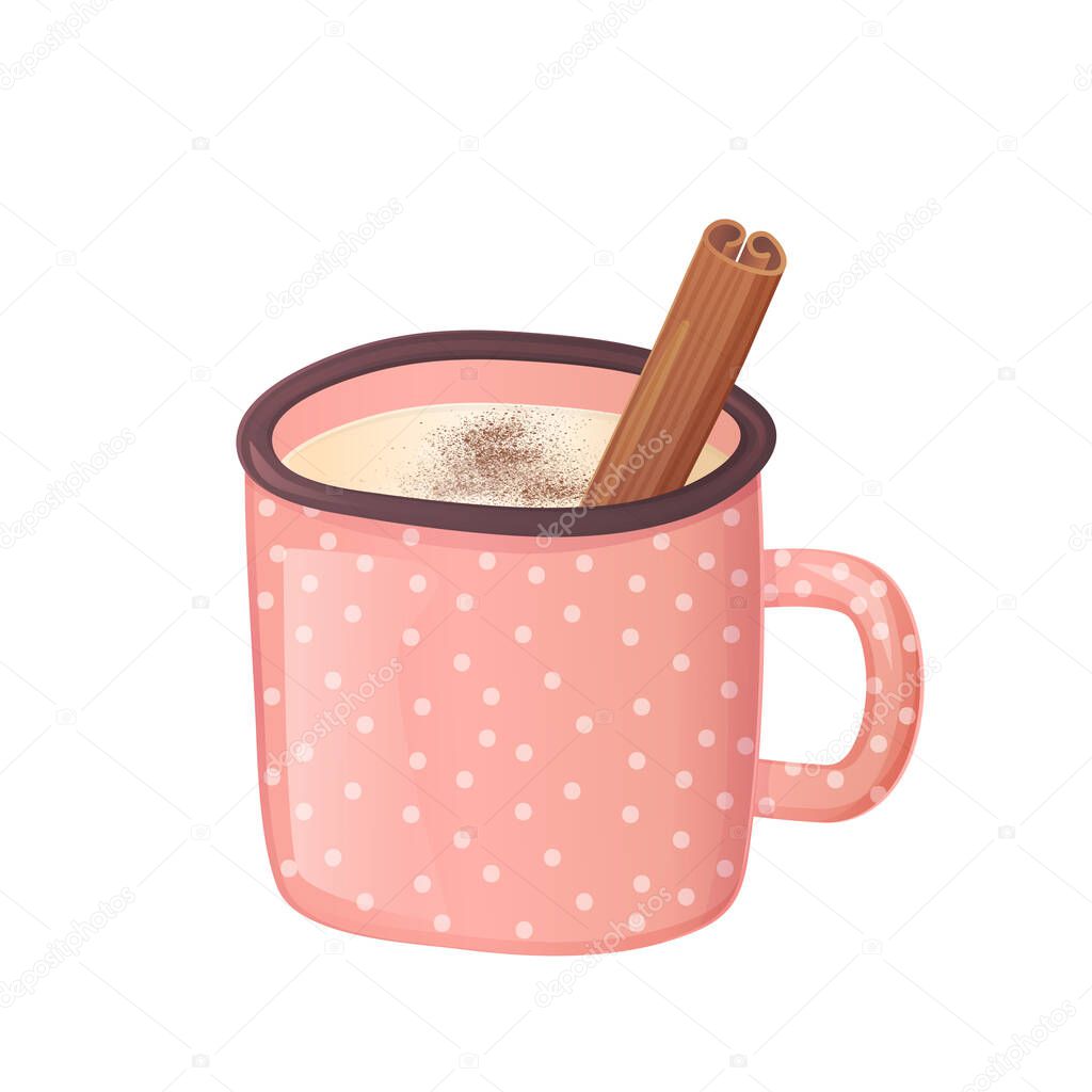 Cute cozy eggnog beverage with cinnamon and cocoa powder in cartoon realistic style