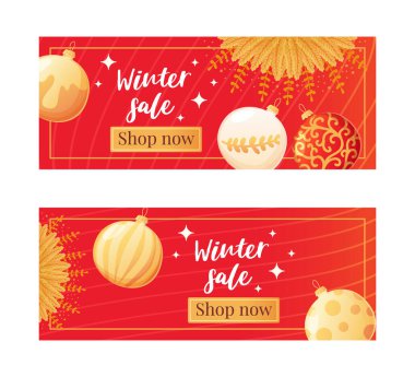 Gerçekçi çizgi film tarzında parıltılı ve altın topları olan kırmızı lüks noel afişleri.