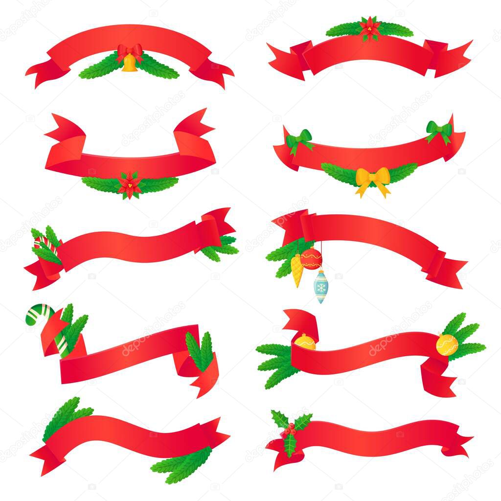 Set of red christmas ribbons with new year pine branch decoration in realistic cartoon style.