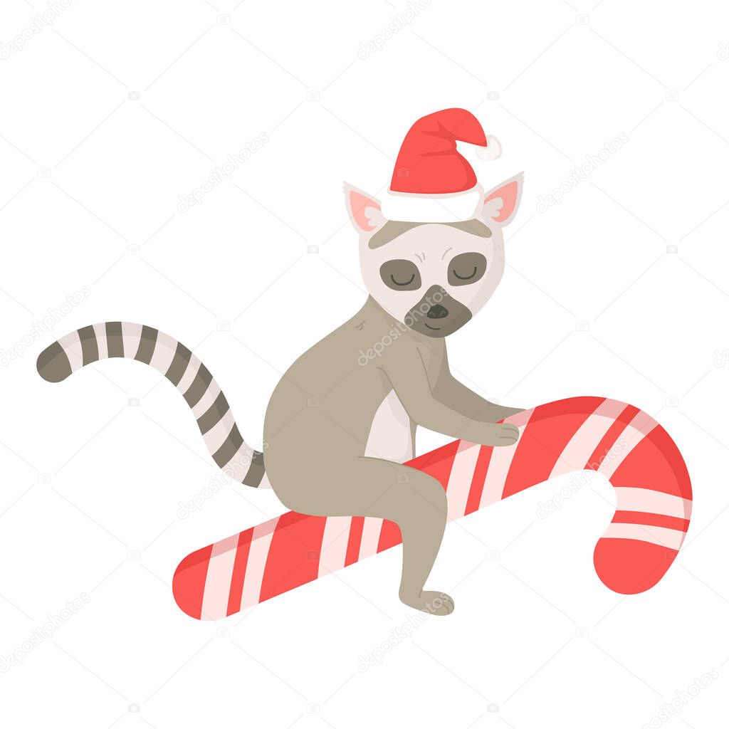 Cute lemur with Christmas hat on candy cane