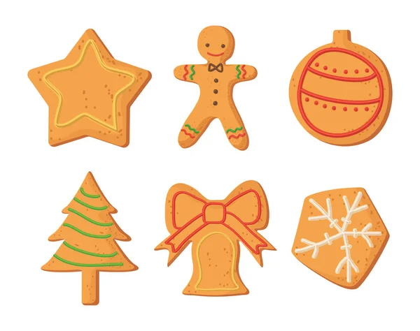 Set of christmas homemade gingerbread decorated icing in realistic cartoon style — Stock Vector