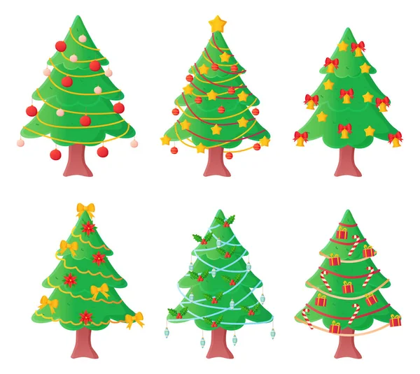 Set aus hübschen Weihnachtsbäumen dekorierte Kugeln und Girlanden im Cartoon-Stil. — Stockvektor