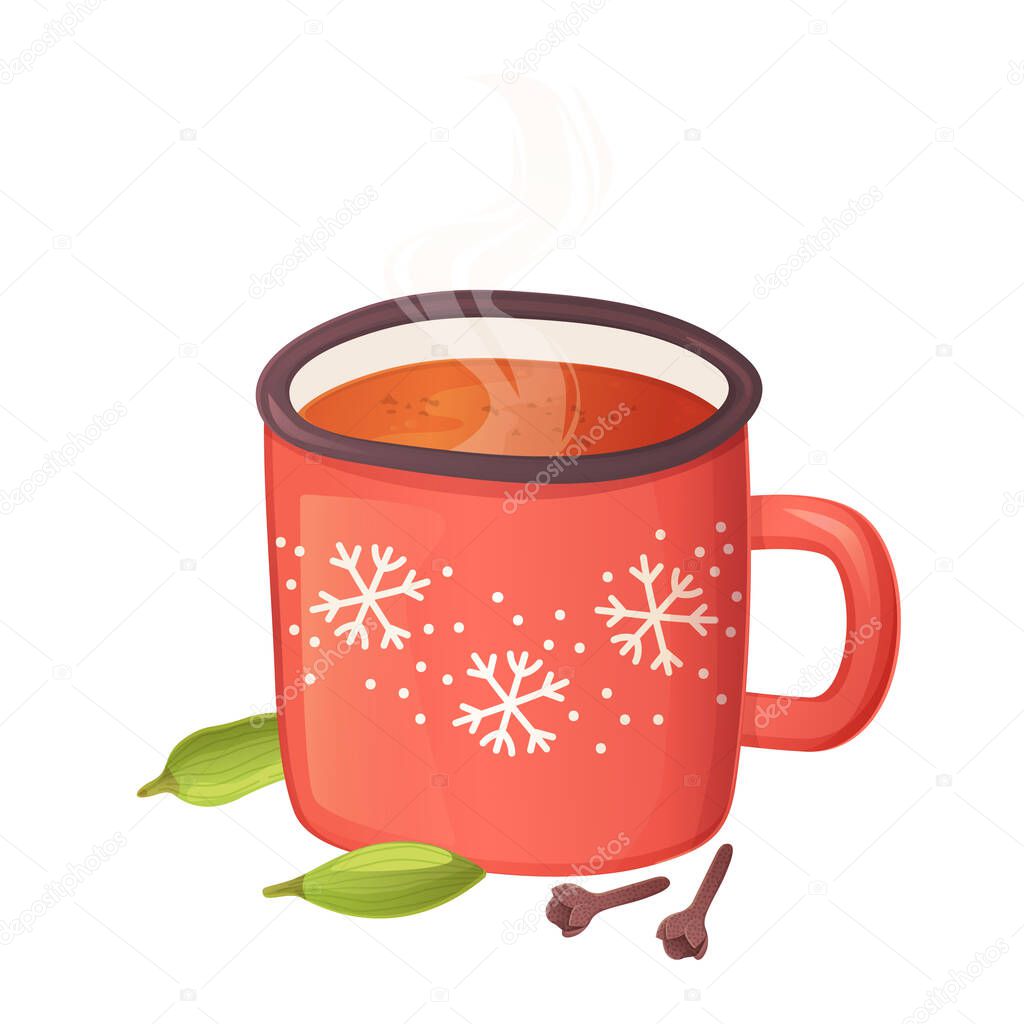 Cozy winter spiced tea or grog with with cardamom and cloves in realistic cartoon style.