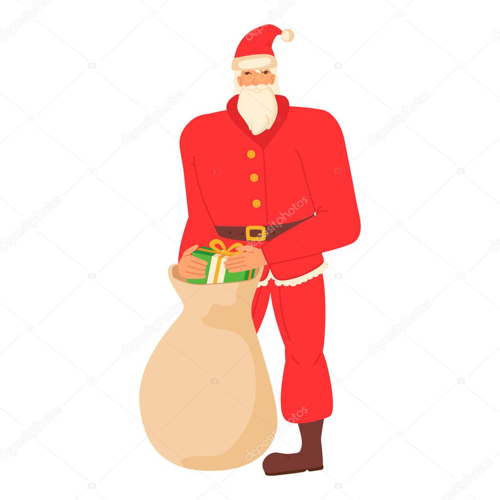 Santa claus holding a bag with presents in flat cartoon style.