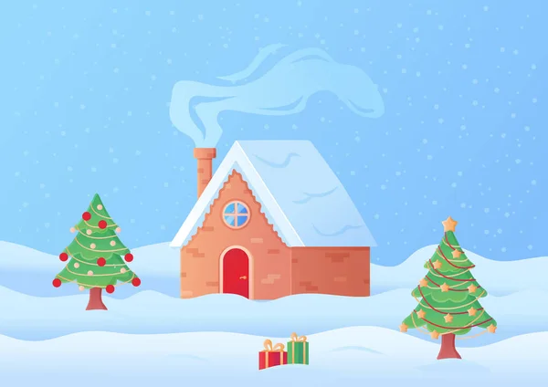 Paisaje de Navidad acogedora casa en la nieve con chimenea ahumada en estilo de dibujos animados — Vector de stock