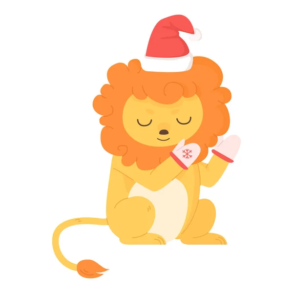 สิงโตน่ารักนั่งกับหมวกคริสต์มาสและถุงมืออบอุ่น — ภาพเวกเตอร์สต็อก