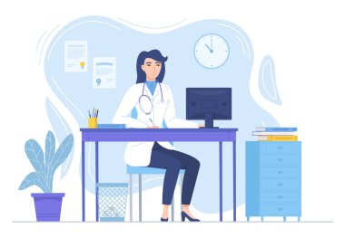 Steteskoplu kadın doktor masada monitörle oturuyor. İlaç, salgın hastalık, tecrit terapisi, sağlık sigortası, hastane çalışma alanı konsepti. Beyaz üzerine izole edilmiş düz biçimli stok vektör illüstrasyonu.