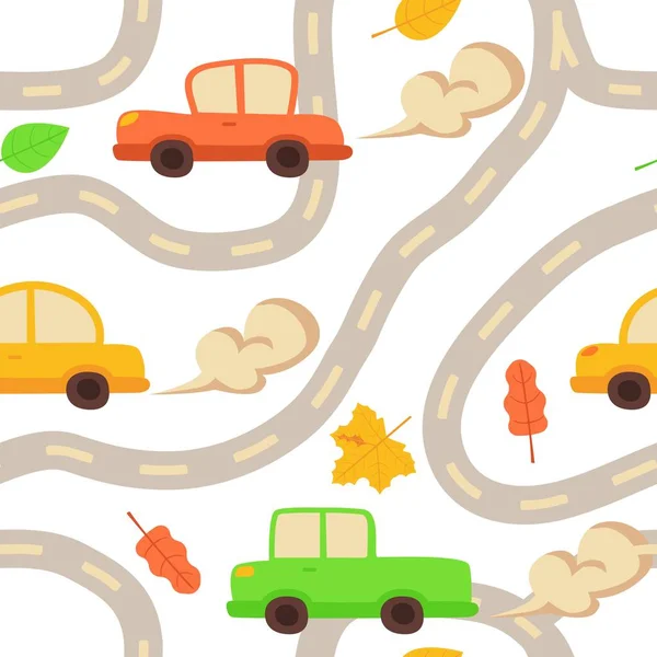 Carros de brinquedo no padrão sem costura estrada em estilo cartoon plana no branco. Mão desenhado crianças creche papel de parede impressão. Conceito de transporte bonito — Vetor de Stock