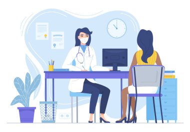 Yüz maskeli kadın doktor hastaya eşlik ediyor. İlaç, salgın hastalık, tecrit terapisi, sağlık sigortası, hastane çalışma alanı konsepti. Beyaz üzerine izole edilmiş düz biçimli stok vektör illüstrasyonu.