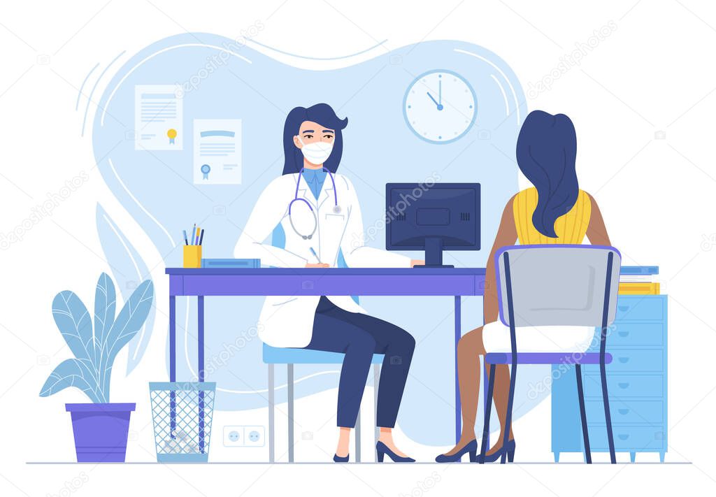 Woman Doctor in face mask conculting patient. Medcine, pandemic, lockdown therapy, health care, hospital workspace concept. Stock vector illustration in flat style isolated on white.