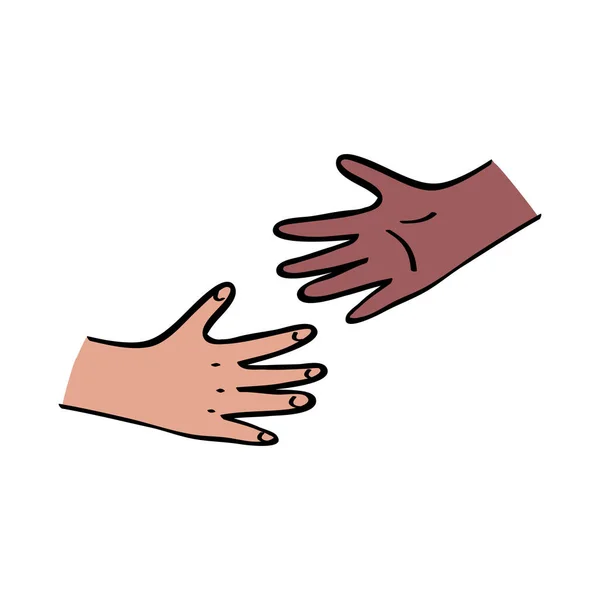 Kids hands reaching out to each other. Black and caucasian unity, diversity concept. Outline with color illustration in hand drawn style — Stock Vector