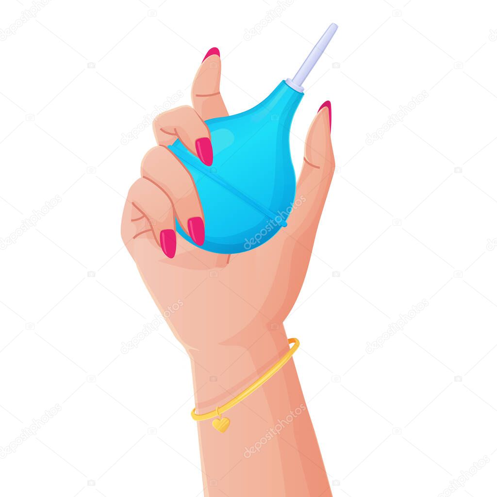 caucasian woman holding pink rubber enema or clyster. Medical cleaning body detox tool. Illustration in cartoon style isolated on white background
