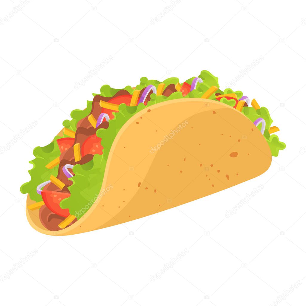 Delicious mexican Taco cartoon illustration isolated on white background. beef meet, tomato, cheese, onion, lettuce, corn tortilla ingredients.