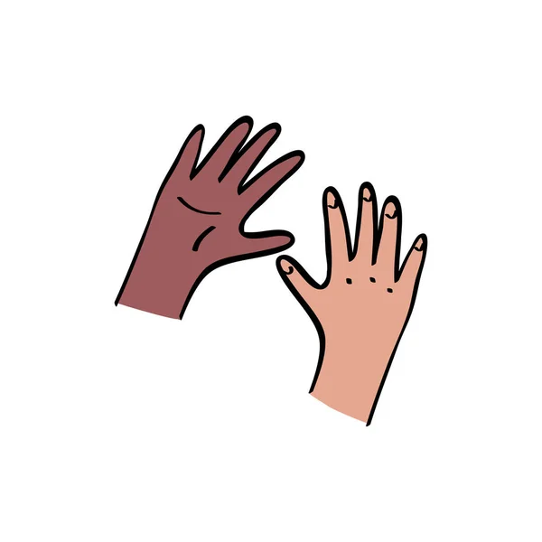 Le mani dei bambini si mettono in contatto. Unità nera e caucasica, concetto di diversità. Contorno con illustrazione a colori in stile disegnato a mano — Vettoriale Stock