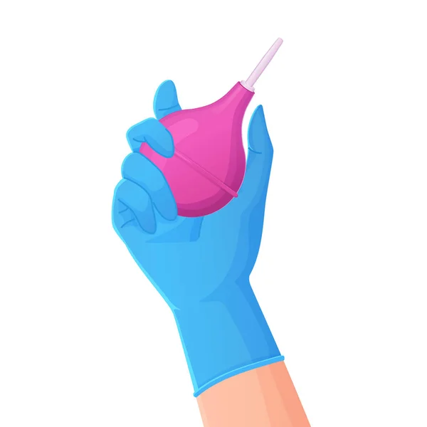 Hand in a blue glowes holding pink rubber enema or clyster. Medical cleaning body detox tool. — Stockvektor