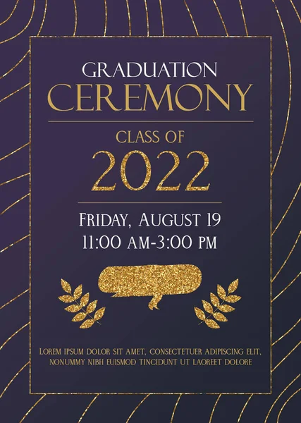 Ciemny Złotym Brokatem Graduation Party 2022 Karta Zaproszenia — Wektor stockowy