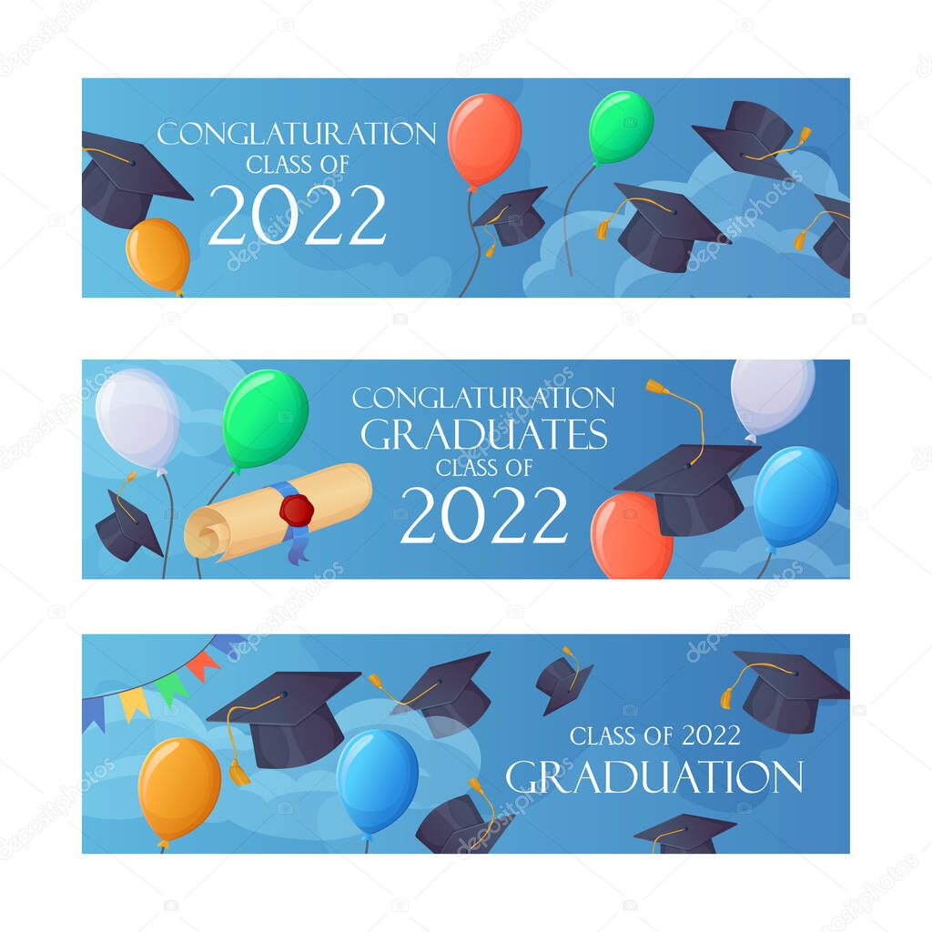 Graduation party invitation 2022 funny banners set. Sky with balloons.