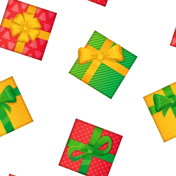Christmas Gifts Semless Pattern Bows Ribbons Realistic Cartoon Style — Stockvektor