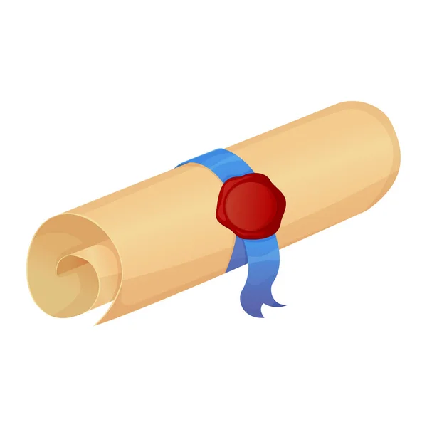 Kurdeleli ve mühürlü katlanmış diploma gerçekçi karikatür tarzında beyaz arka planda izole edilmiş. Üniversite, üniversite ya da mezuniyet sembolü. bilgi kavramı.