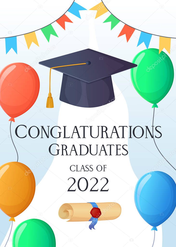 Graduation party invitation 2022 funny card. Sky with balloons