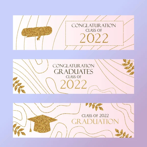 White Gold Glitter Graduation Party Invitation 2022 Elegant Banners Set — Stock Vector