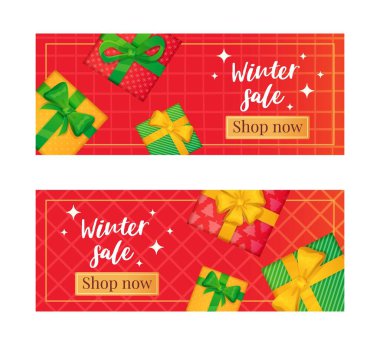 Christmas gifts winter sale banner in cartoon style set.