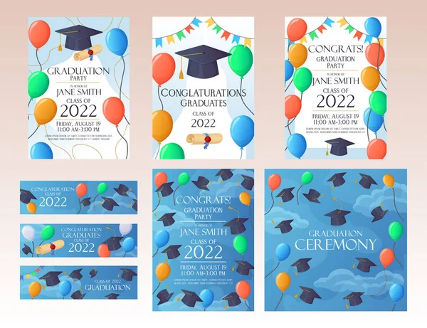 Graduation Party Invitation Cards Banner Set 2022 Funny Card Sky — Stock Vector