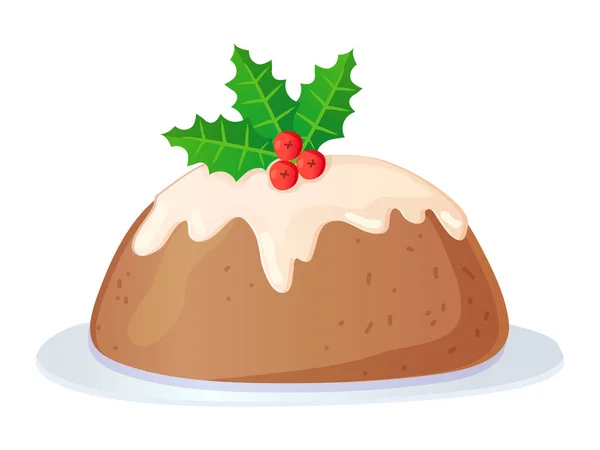 Traditional English Christmas Pudding Icing Holly Vector Illustration Isolated White — Stockvektor